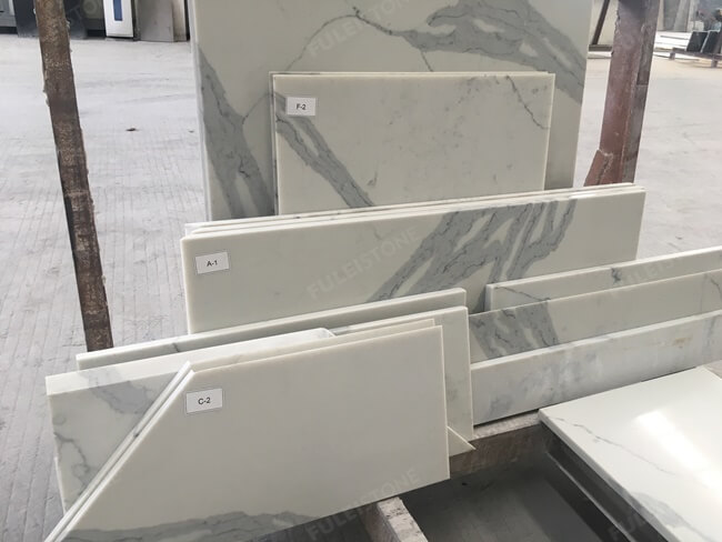 Customized Mitered Calacatta White Quartz Tops — product view 10