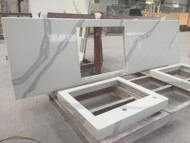 Customized Mitered Calacatta White Quartz Tops — product view 4