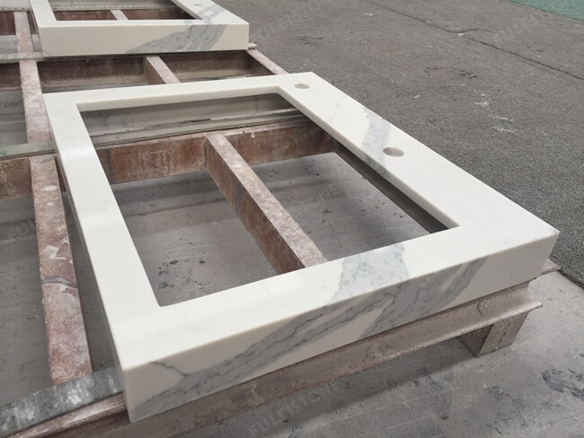 Customized Mitered Calacatta White Quartz Tops — product view 5