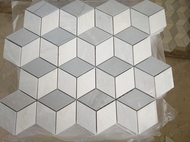 3D White Carrara and Elba Marble Mosaic Tiles — product view 1