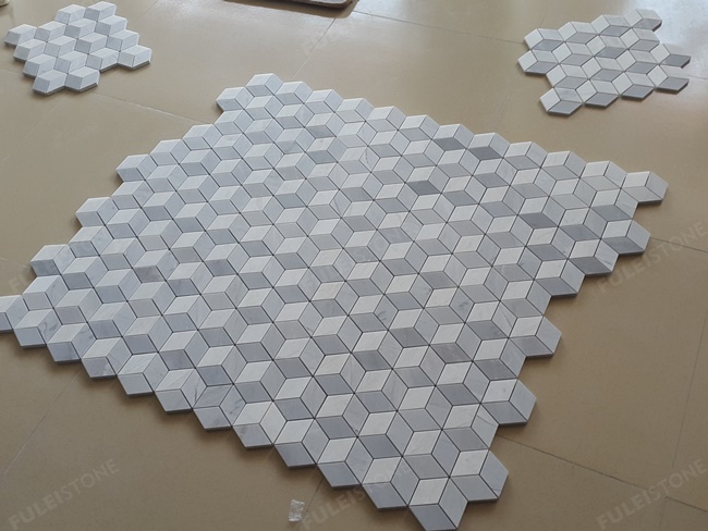 3D White Carrara and Elba Marble Mosaic Tiles — product view 4