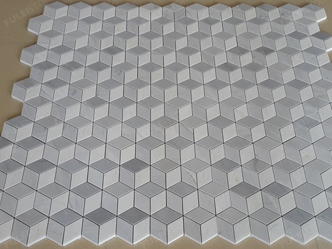 3D White Carrara and Elba Marble Mosaic Tiles — product view 5