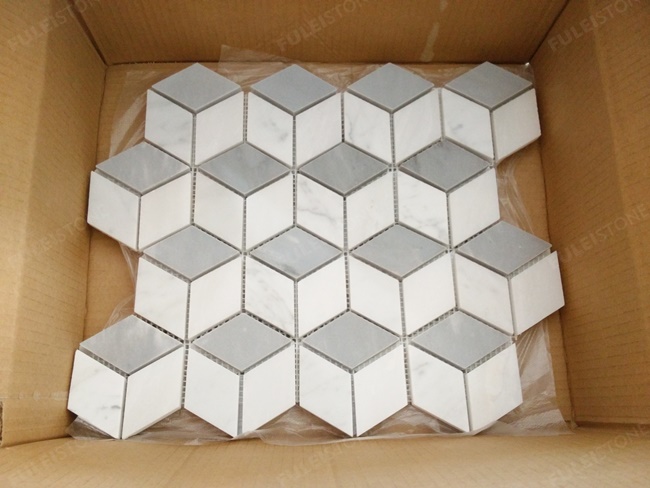 3D White Carrara and Elba Marble Mosaic Tiles — product view 6